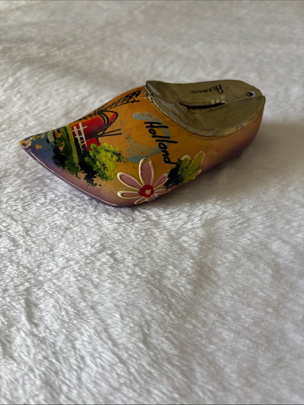 Vintage Late 70s Hand-Painted Yellow Floral Wooden Clog Handmade in Holland